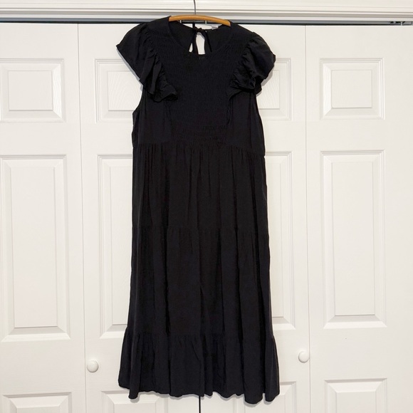 Old Navy Fit & Flare Smocked Midi Dress XXL Black Tiered Flutter Sleeve Tie Back - Picture 4 of 9